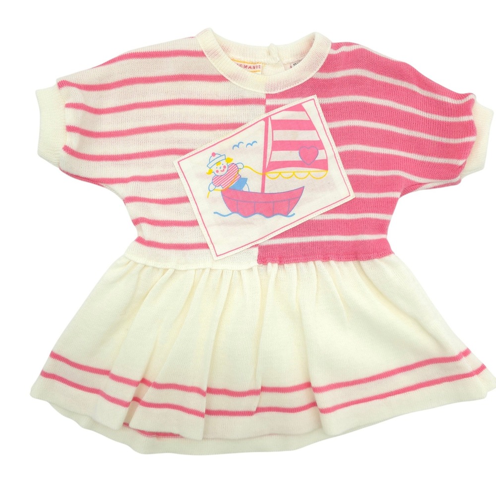 Friemanit Vintage Knit Dress Sailboat Graphic Pink White Striped 12M 80s 90s